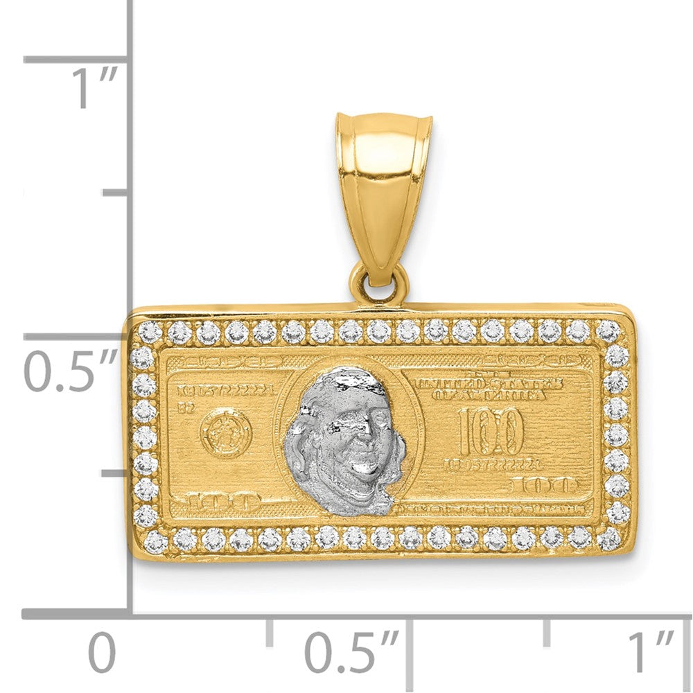 10K Gelb mit Rhodium 10K mit Rhodium Zirkonia Micropave 100 Dollar Bill Anhänger