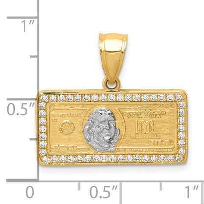 10K Gelb mit Rhodium 10K mit Rhodium Zirkonia Micropave 100 Dollar Bill Anhänger