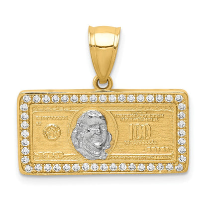 10K Gelb mit Rhodium 10K mit Rhodium Zirkonia Micropave 100 Dollar Bill Anhänger