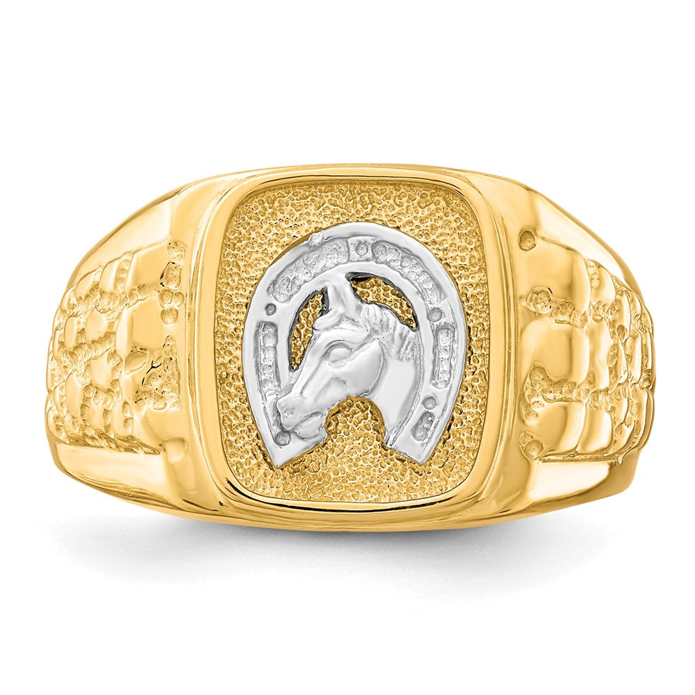 10K Bicolor-Gold Hufeisen-Ring mit Pferdekopf für Herren