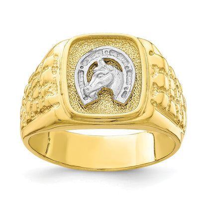 10K Bicolor-Gold Hufeisen-Ring mit Pferdekopf für Herren