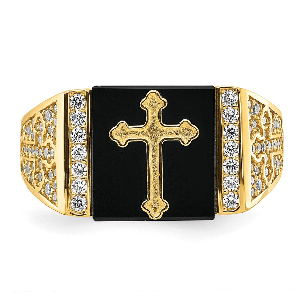 10K Gelbgold 10K Zirkonia und Onyx Kreuz Herren Ring