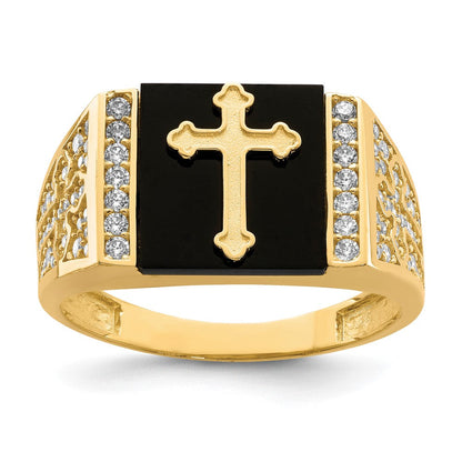 10K Gelbgold 10K Zirkonia und Onyx Kreuz Herren Ring