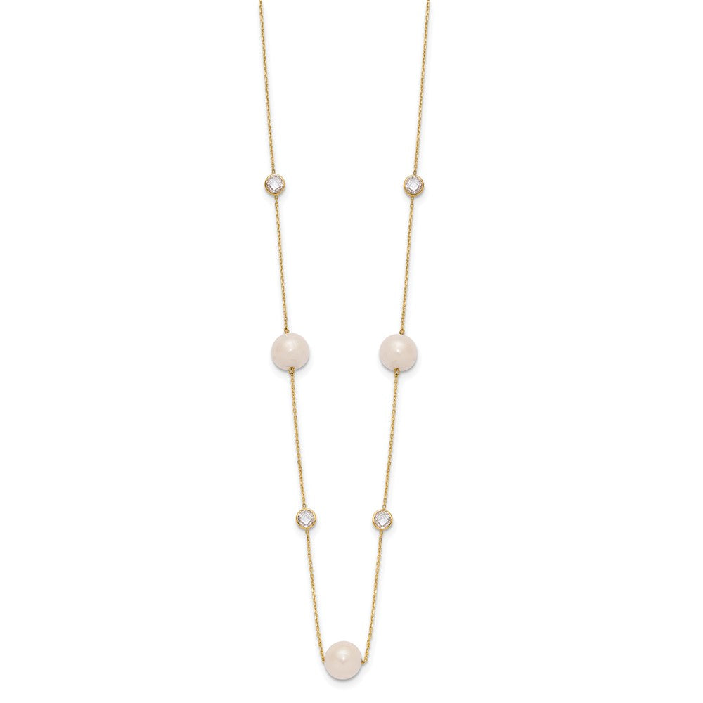 10K Gelbgold 10K Poliert Zirkonia und 7-8mm Fwc Perle 7 Station Halskette