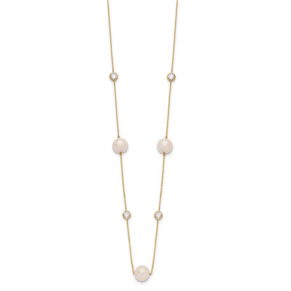 10K Gelbgold 10K Poliert Zirkonia und 7-8mm Fwc Perle 7 Station Halskette