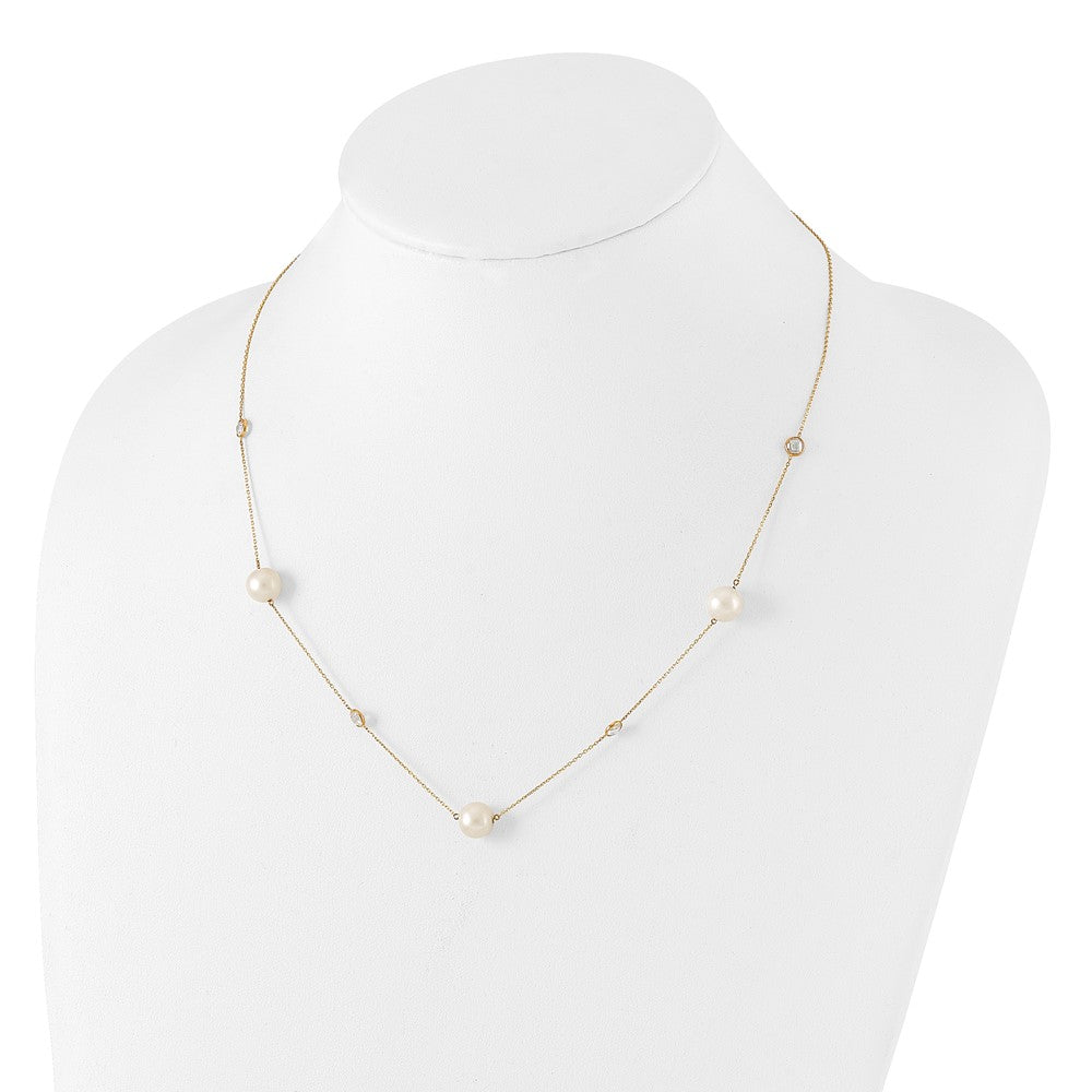 10K Gelbgold 10K Poliert Zirkonia und 7-8mm Fwc Perle 7 Station Halskette