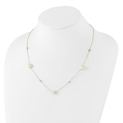 10K Gelbgold 10K Poliert Zirkonia und 7-8mm Fwc Perle 7 Station Halskette