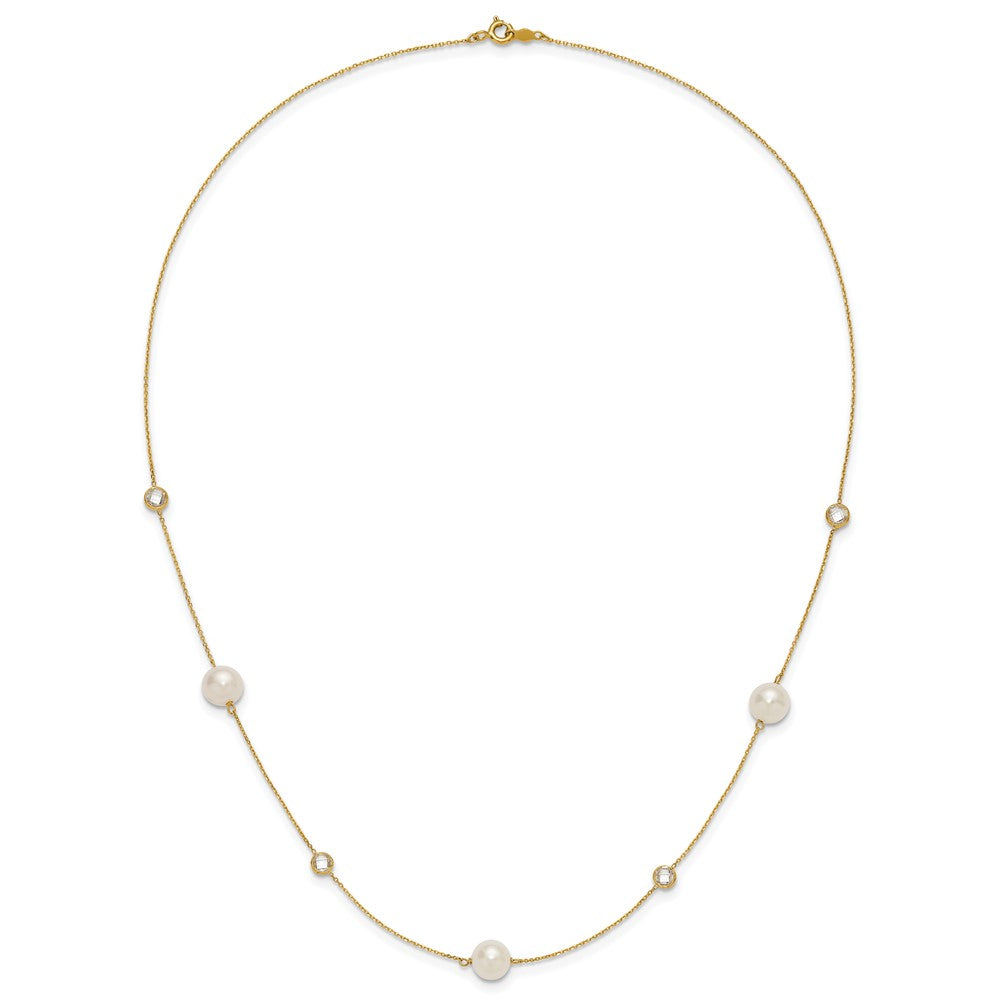 10K Gelbgold 10K Poliert Zirkonia und 7-8mm Fwc Perle 7 Station Halskette