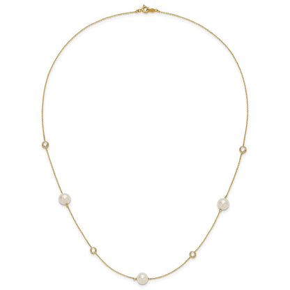 10K Gelbgold 10K Poliert Zirkonia und 7-8mm Fwc Perle 7 Station Halskette