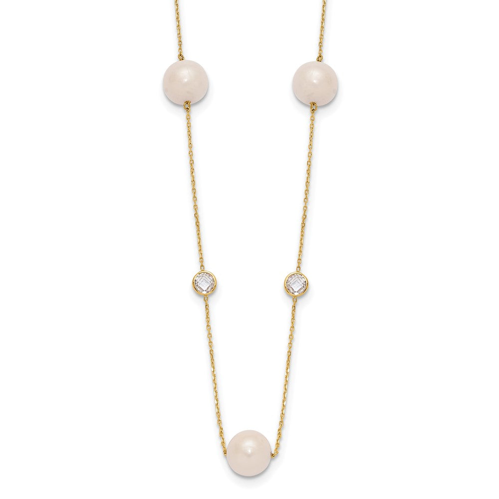 10K Gelbgold 10K Poliert Zirkonia und 7-8mm Fwc Perle 7 Station Halskette