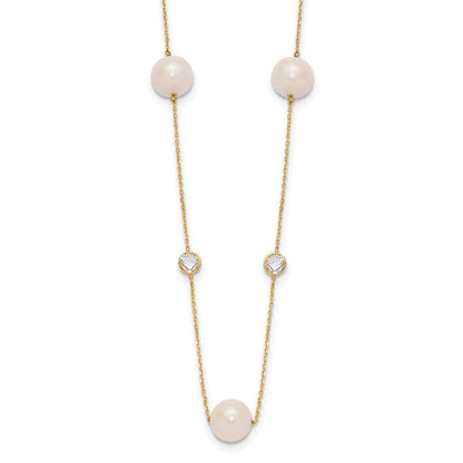 10K Gelbgold 10K Poliert Zirkonia und 7-8mm Fwc Perle 7 Station Halskette