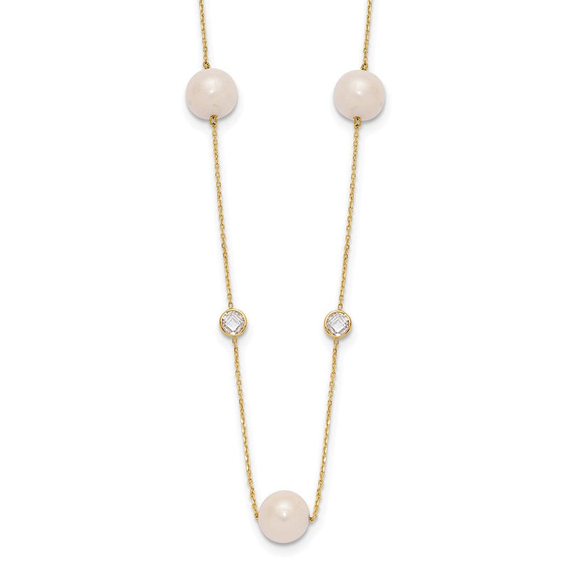 10K Gelbgold 10K Poliert Zirkonia und 7-8mm Fwc Perle 7 Station Halskette