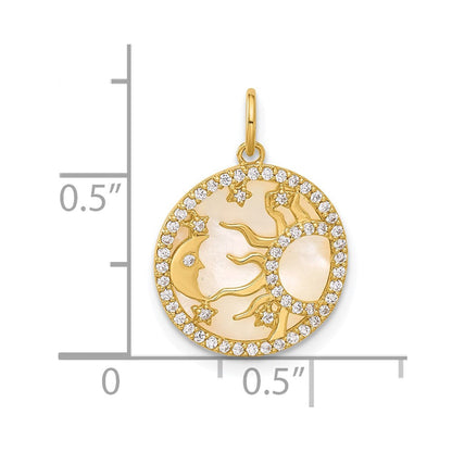 10K Gelbgold 10K Poliert Zirkonia und Perlmutt Sonne Mond Sterne Plättchen Charm