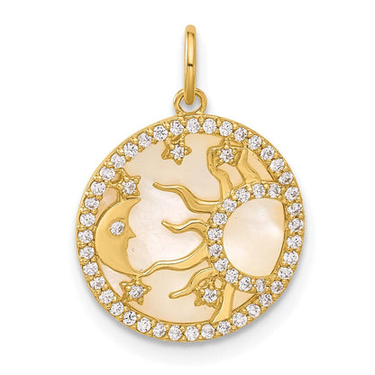 10K Gelbgold 10K Poliert Zirkonia und Perlmutt Sonne Mond Sterne Plättchen Charm