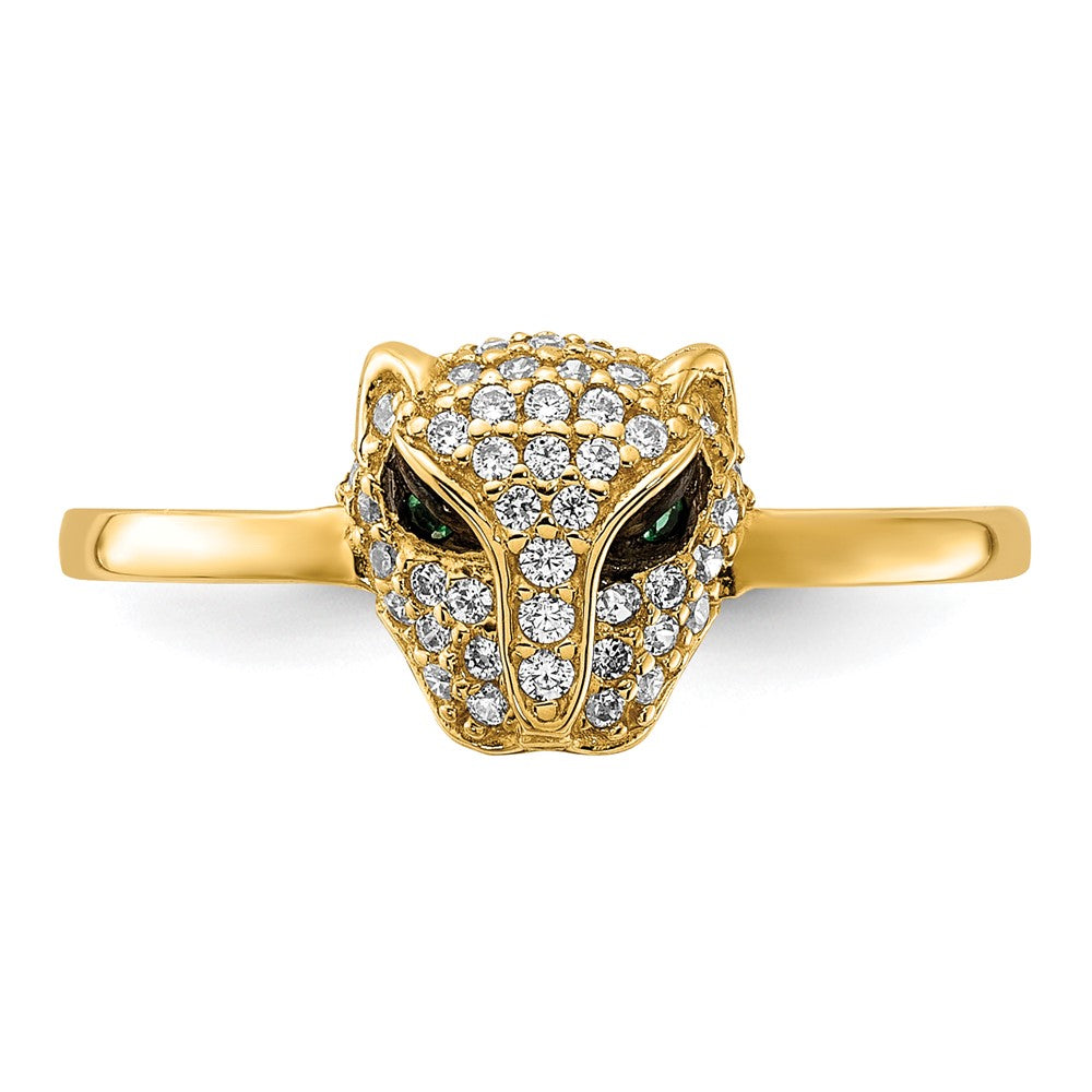 10K Gelbgold 10K Poliert Klar und Grün Zirkonia Lioness Kopf Ring