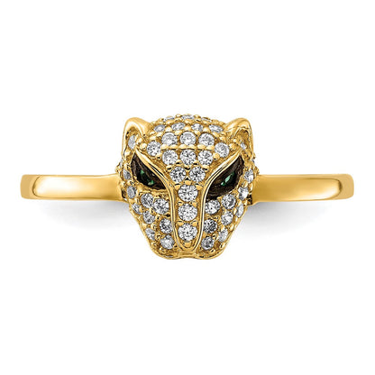 10K Gelbgold 10K Poliert Klar und Grün Zirkonia Lioness Kopf Ring