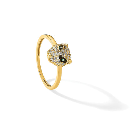 10K Gelbgold 10K Poliert Klar und Grün Zirkonia Lioness Kopf Ring
