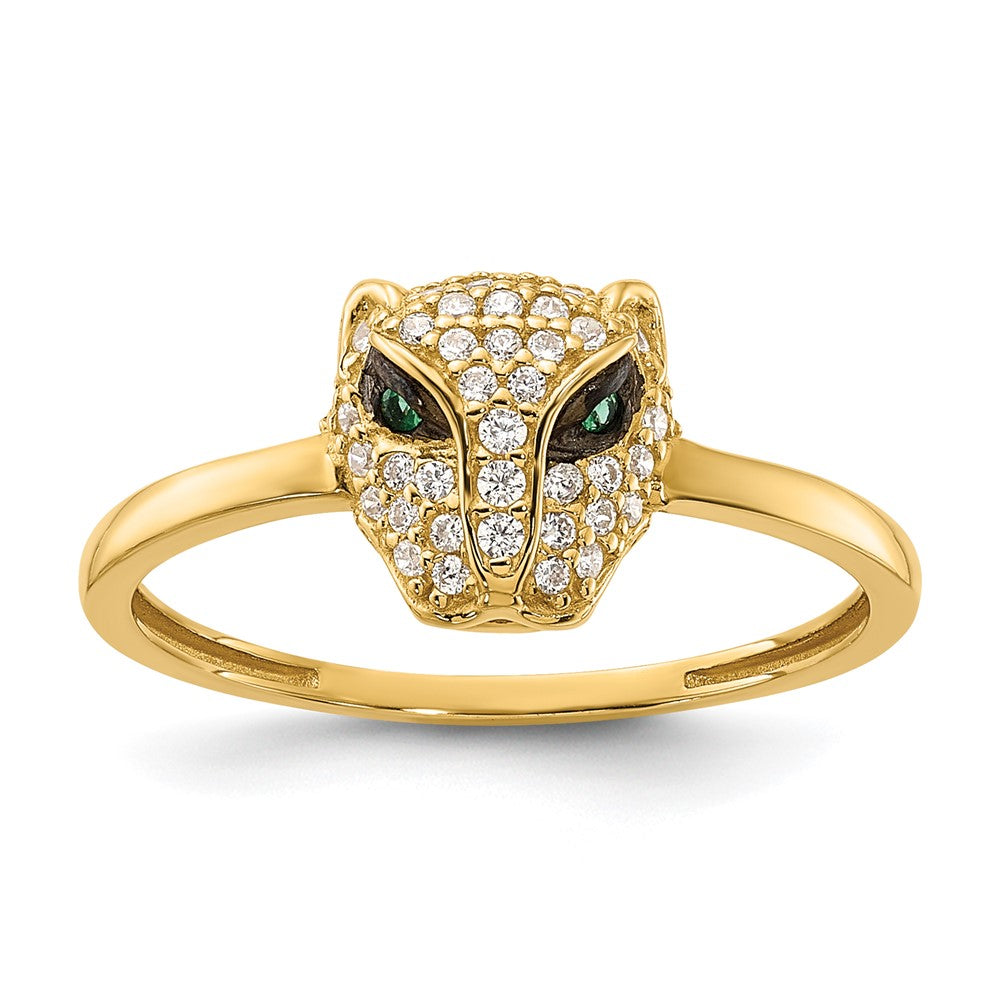 10K Gelbgold 10K Poliert Klar und Grün Zirkonia Lioness Kopf Ring