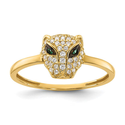 10K Gelbgold 10K Poliert Klar und Grün Zirkonia Lioness Kopf Ring