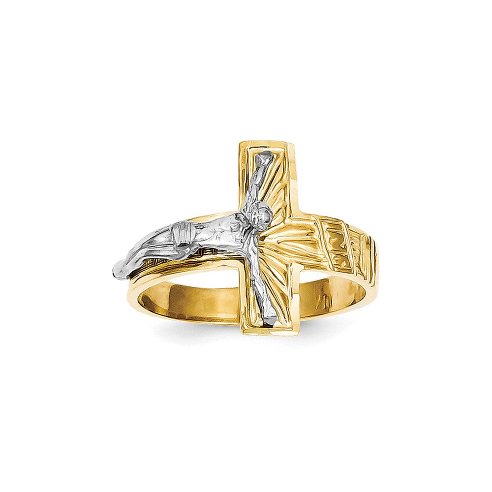 10K Bicolor Poliert & Diamantiert Herren Kruzifix Ring