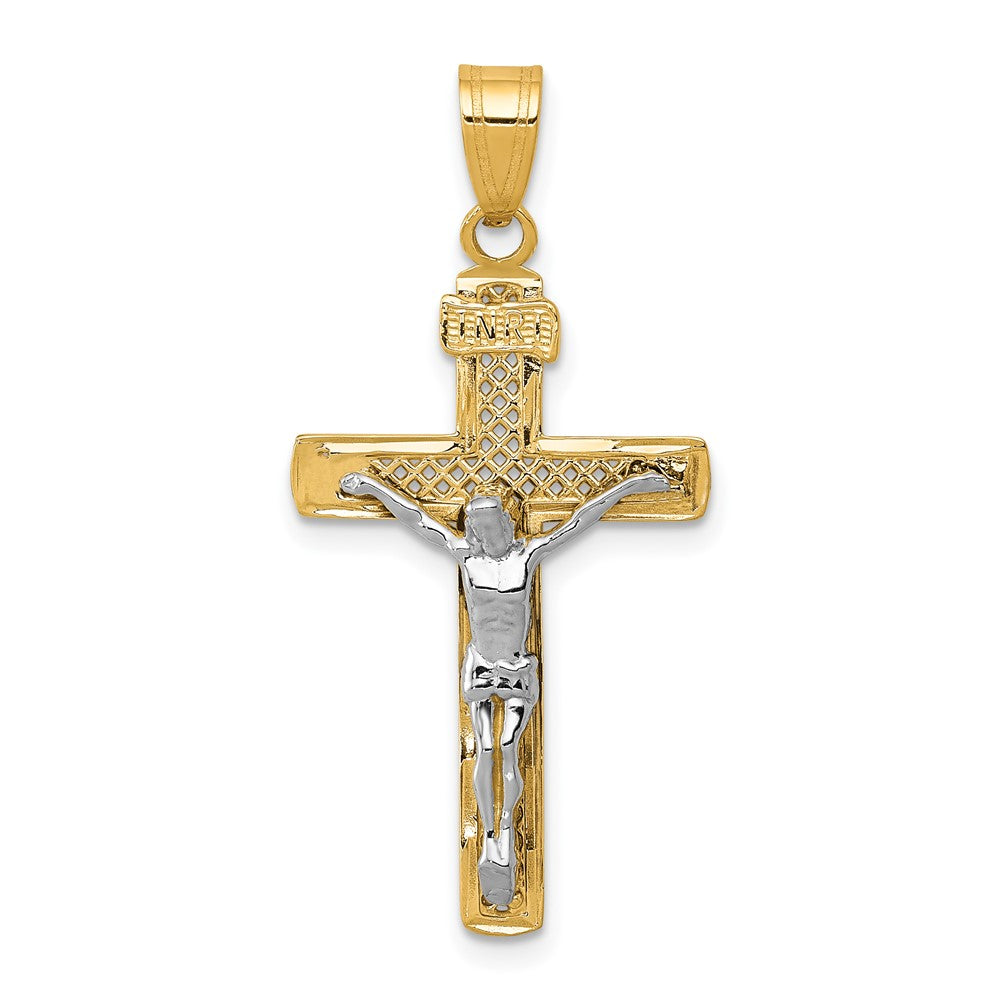 10K Bicolor 10K Diamantiert Mittel Block Lattice Kreuz mit Kruzifix Anhänger