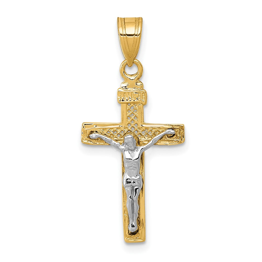 10K Bicolor 10K Diamantiert Klein Block Lattice Kreuz mit Kruzifix Anhänger