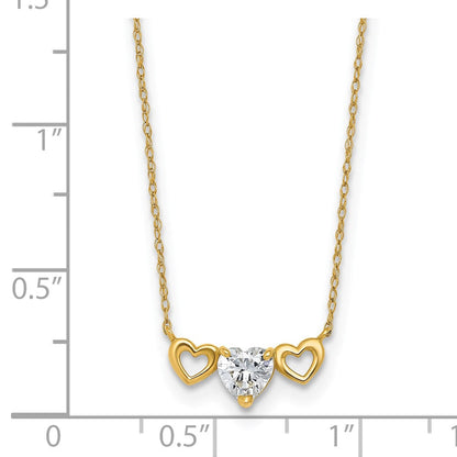 10K Gelbgold Poliert Herz Zirkonia Mittig mit Zwei Offen Herzen 18.5 Zoll Halskette
