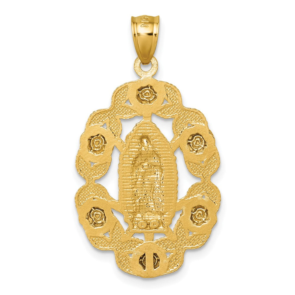 10K Gelbgold Poliert Diamantiert Our Damen Of Guadalupe mit Blumen Medaille Anhänger