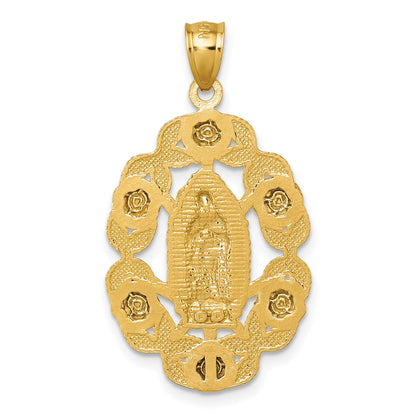 10K Gelbgold Poliert Diamantiert Our Damen Of Guadalupe mit Blumen Medaille Anhänger
