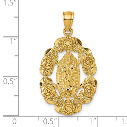 10K Gelbgold Poliert Diamantiert Our Damen Of Guadalupe mit Blumen Medaille Anhänger