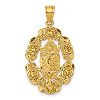 10K Gelbgold Poliert Diamantiert Our Damen Of Guadalupe mit Blumen Medaille Anhänger