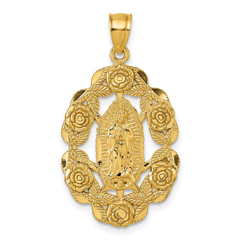 10K Gelbgold Poliert Diamantiert Our Damen Of Guadalupe mit Blumen Medaille Anhänger