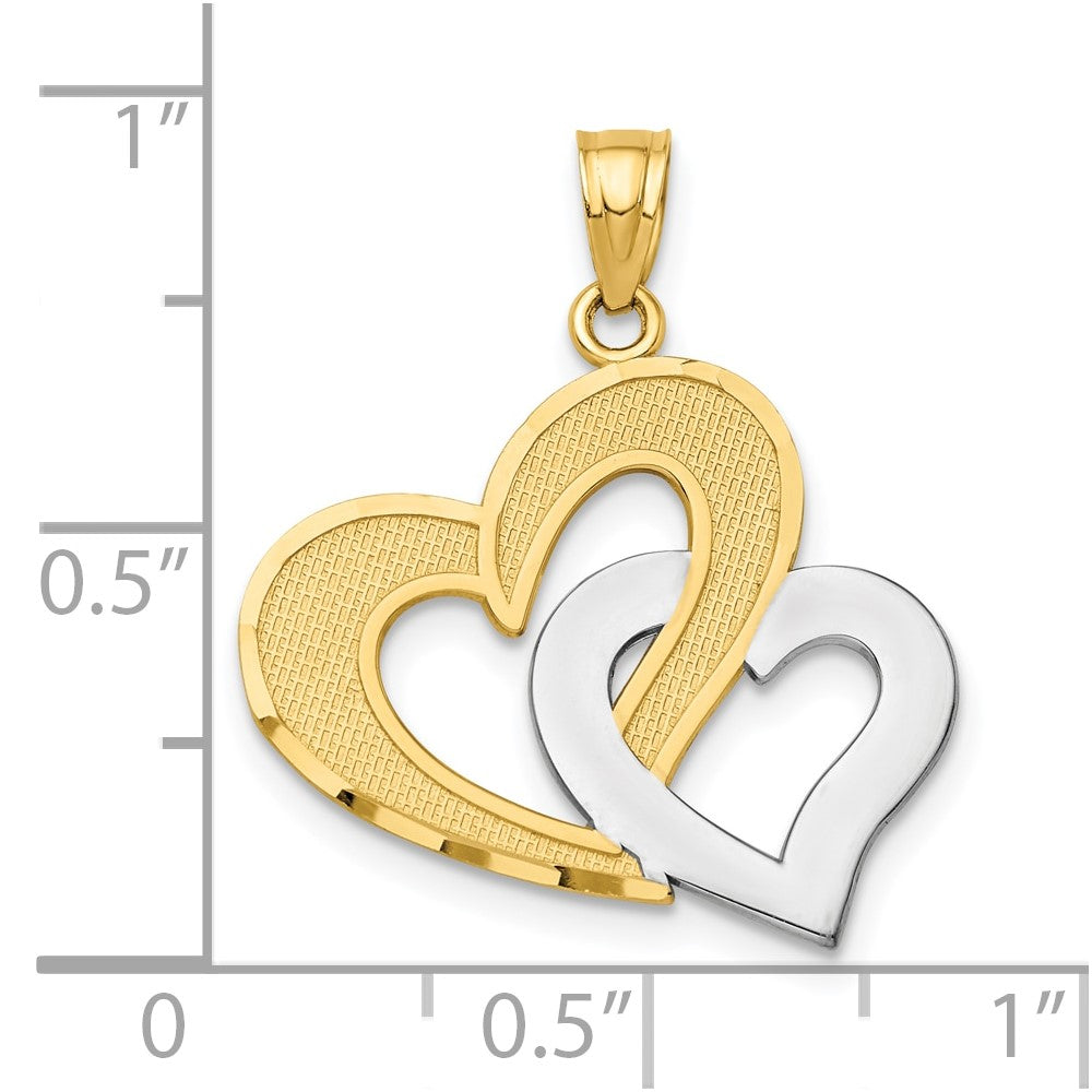 10K Gelb mit Rhodium Doppelt Herz Anhänger