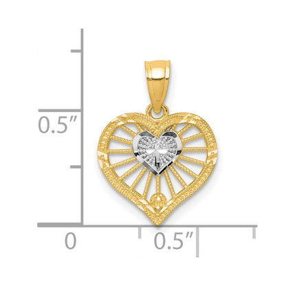 10K Gelb mit Rhodium Herz mit Kreuz Charm