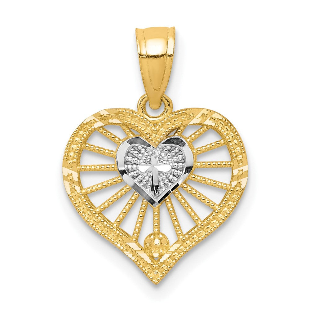 10K Gelb mit Rhodium Herz mit Kreuz Charm