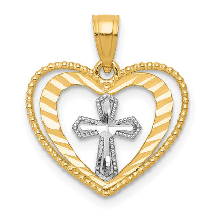 10K Gelb mit Rhodium mit Rhodium Herz mit Kreuz Charm