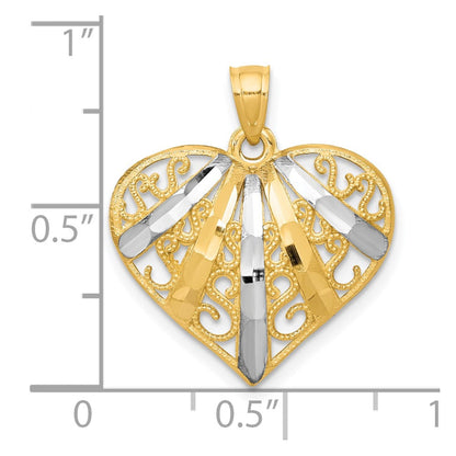 10K Gelb mit Rhodium Diamantiert Filigran Herz Anhänger