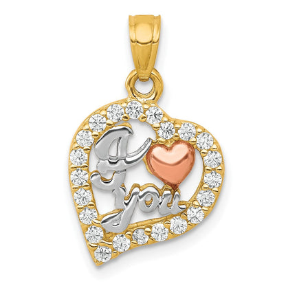 10K Bicolor mit Weiß Rhodium I Liebe You Zirkonia Herz Anhänger