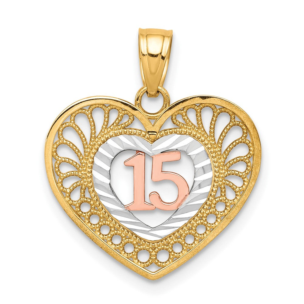 10K Bicolor mit Weiß Rhodium 15 Herz Anhänger