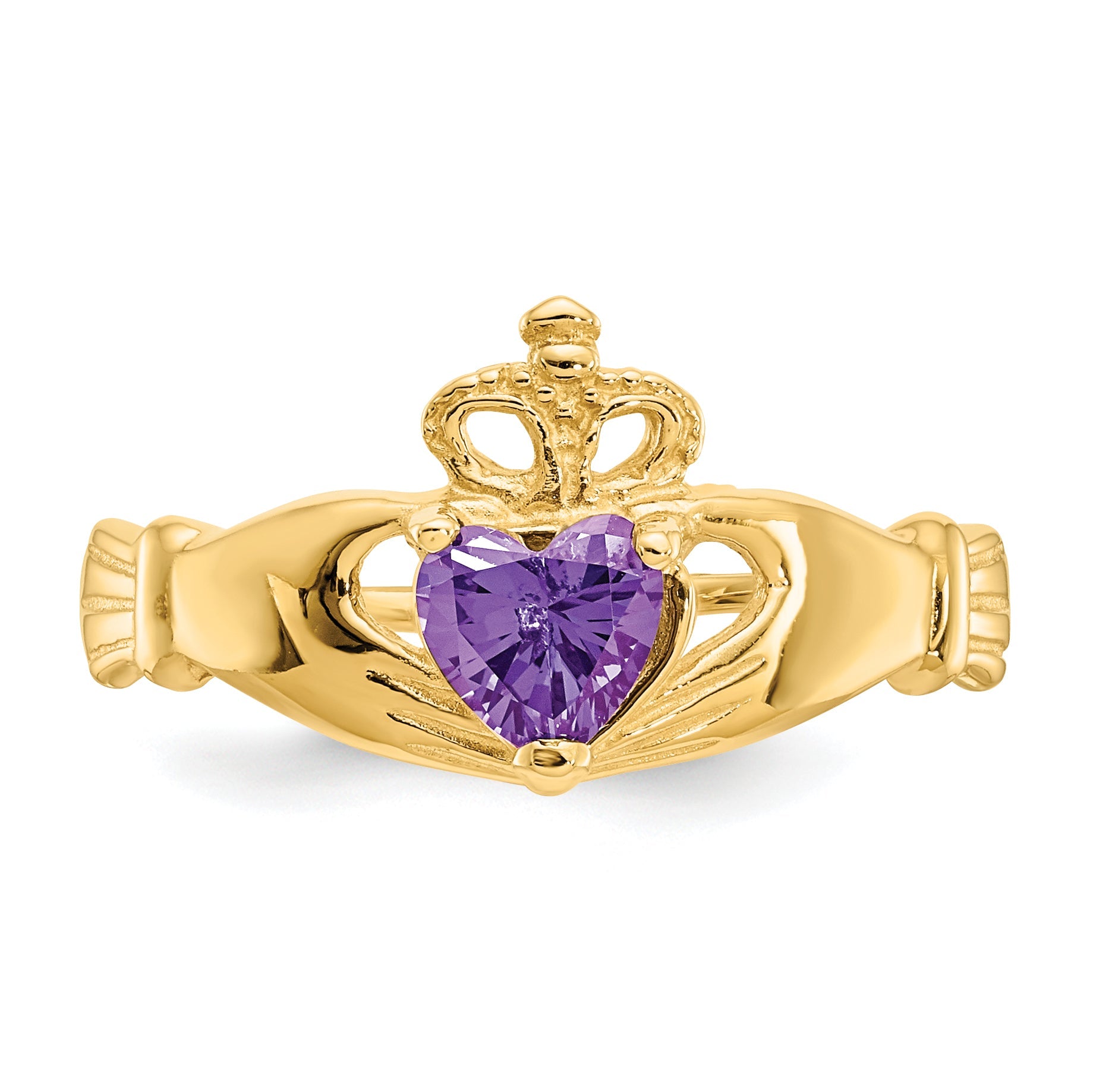 10K Gelbgold Zirkonia February Geburtsstein Claddagh Herz Ring