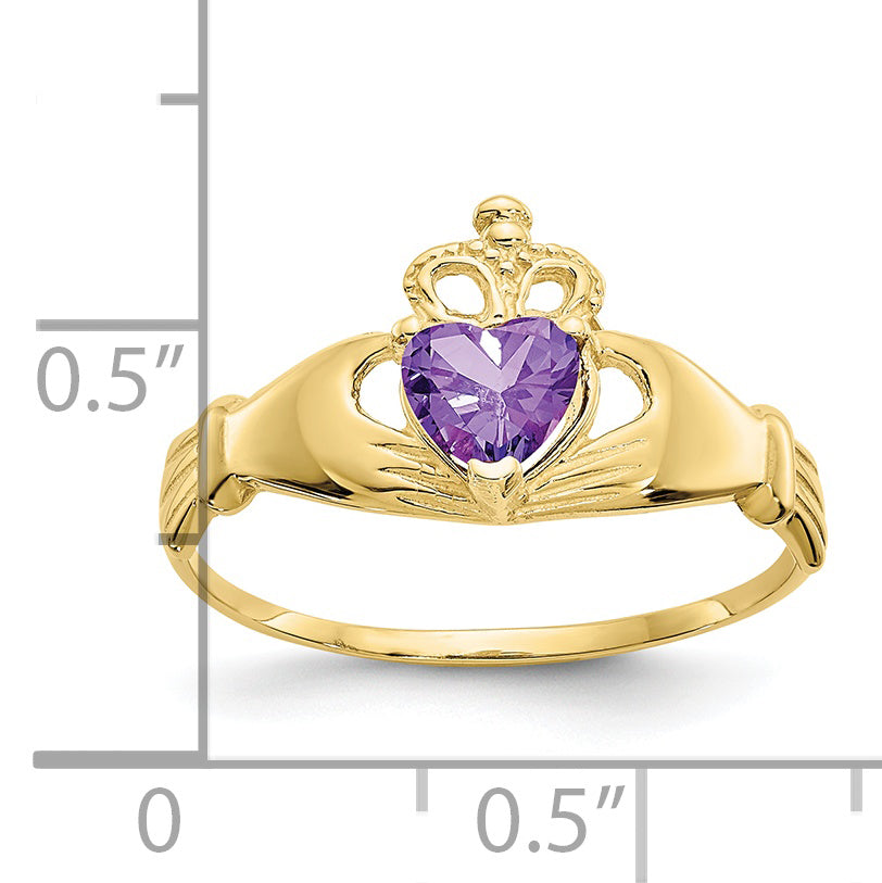 10K Gelbgold Zirkonia February Geburtsstein Claddagh Herz Ring