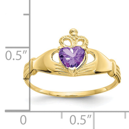 10K Gelbgold Zirkonia February Geburtsstein Claddagh Herz Ring