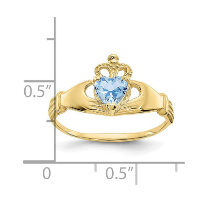 10K Gelbgold Zirkonia March Geburtsstein Claddagh Herz Ring