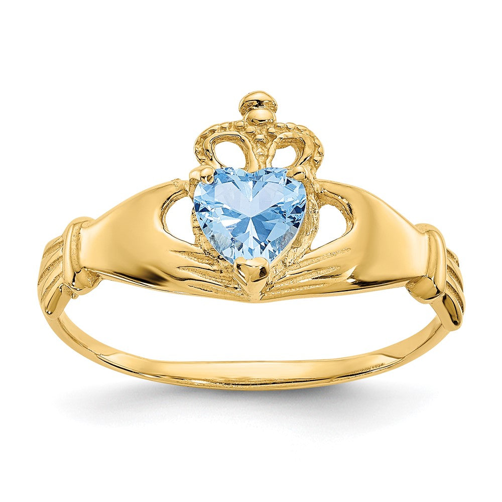 10K Gelbgold Zirkonia March Geburtsstein Claddagh Herz Ring