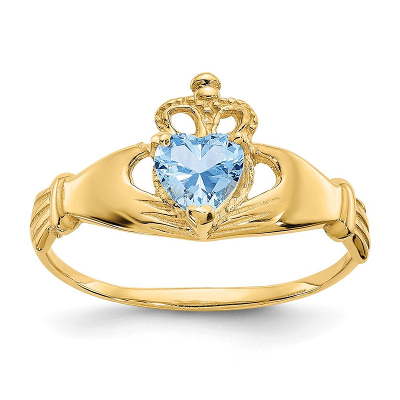 10K Gelbgold Zirkonia March Geburtsstein Claddagh Herz Ring