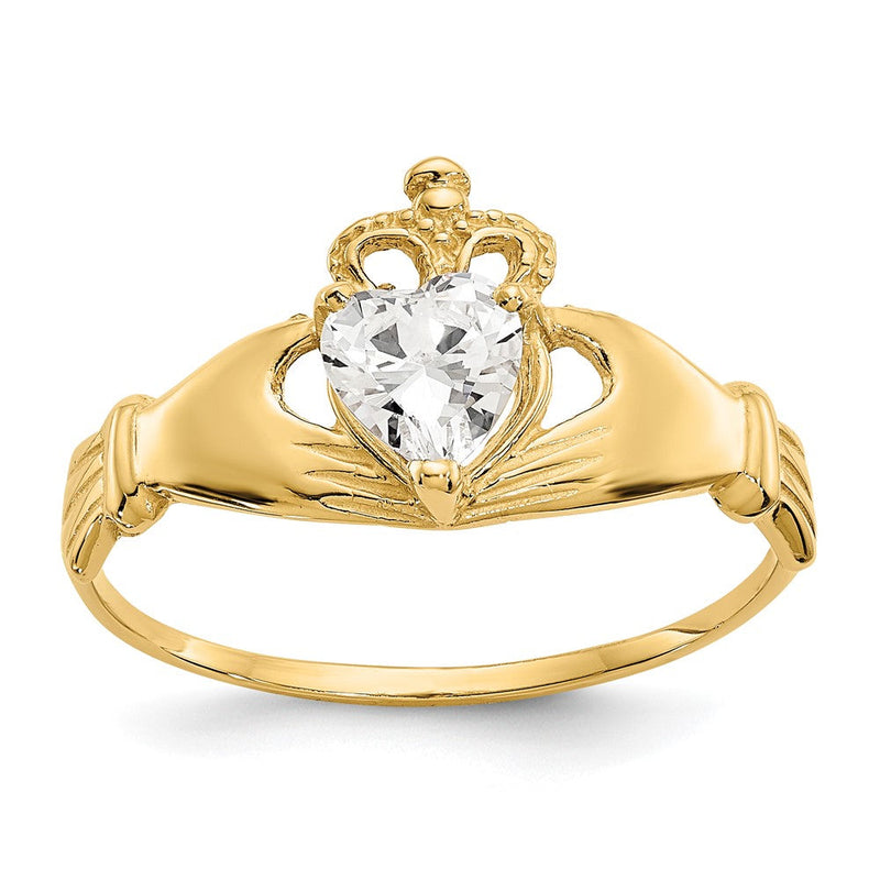 10K Gelbgold Zirkonia April Geburtsstein Claddagh Herz Ring