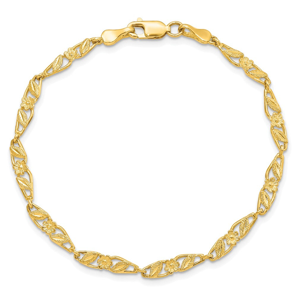 10K Gelbgold Massiv Poliert Offen Rückseite Blume & Blatt Armband