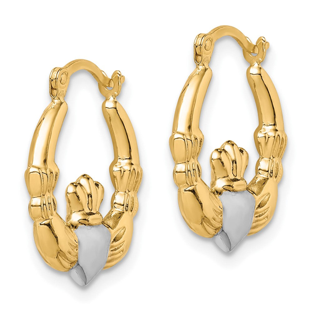 10K Gelb mit Rhodium & Rhodium Claddagh Hohl Creolen
