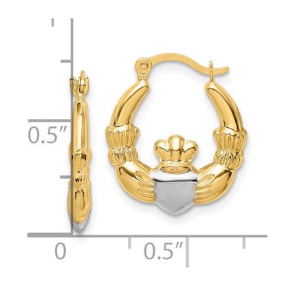10K Gelb mit Rhodium & Rhodium Claddagh Hohl Creolen