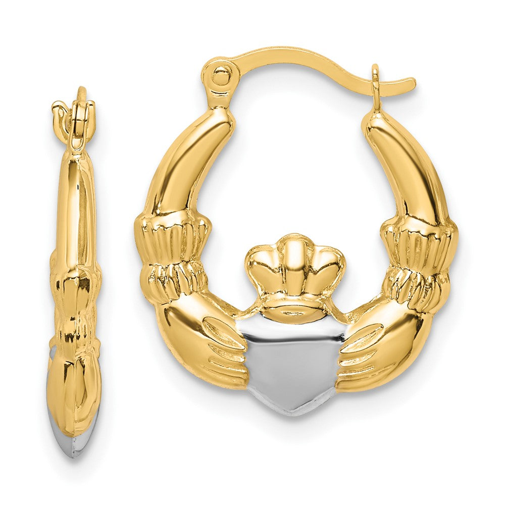 10K Gelb mit Rhodium & Rhodium Claddagh Hohl Creolen